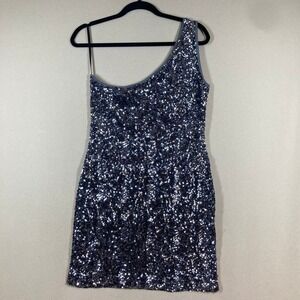 TFNC London Sequin One Shoulder Dress Sz‎ L Dark Silver HOCO Glam Taylor Swift